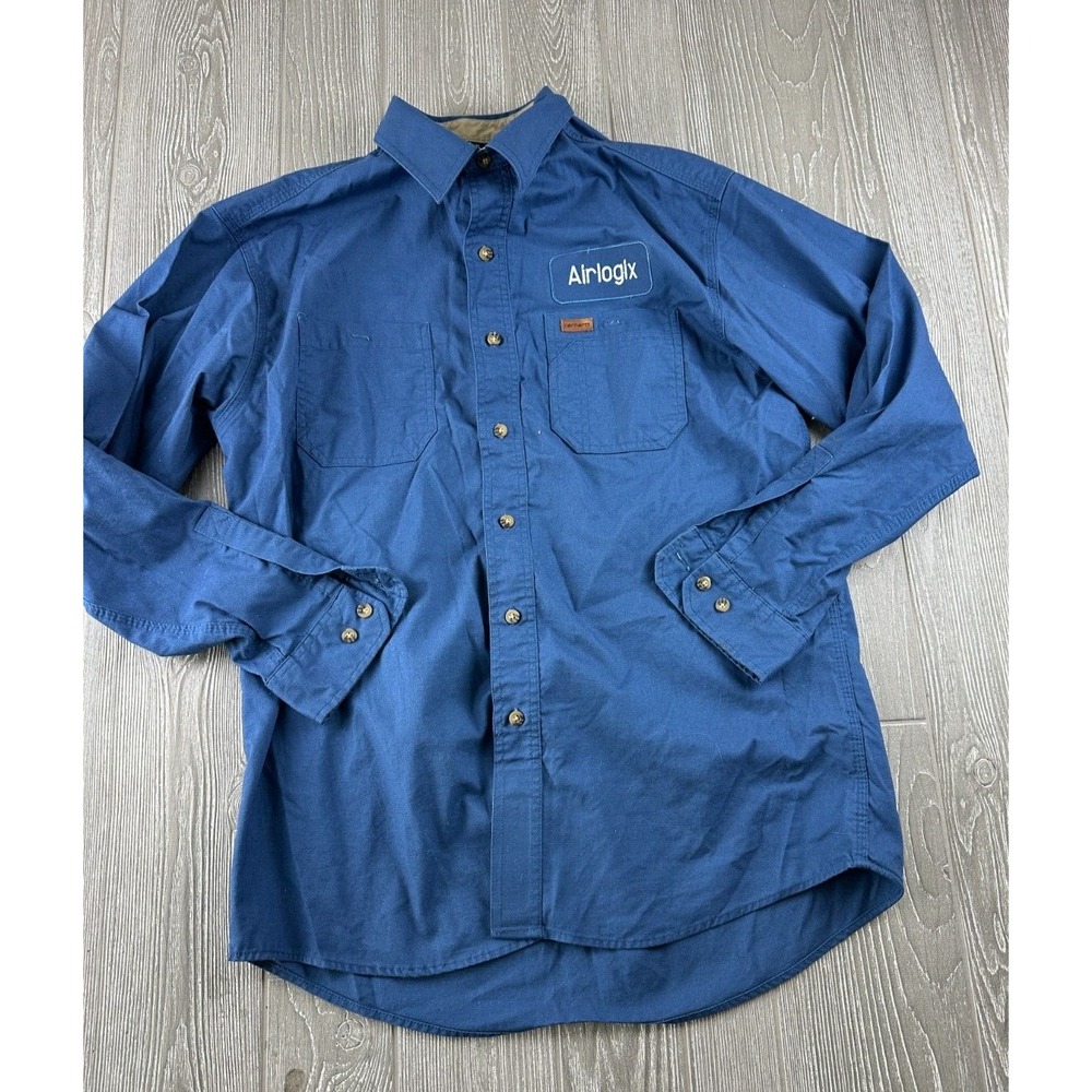 Carhartt Mens Long Sleeve Button Up Blue Work Shirt Size Large Airlogix Logo
